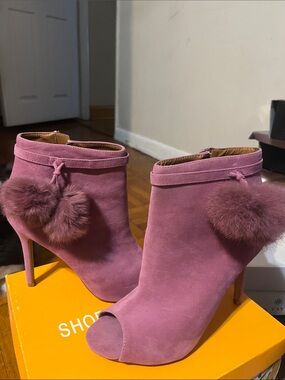 New Women’s Real Mink Fur Mauve Peep-Toe Ankle Boots